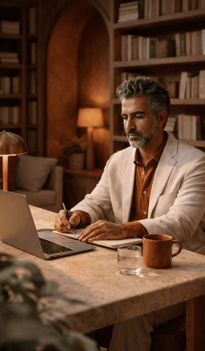 Professional man reading in a warmly lit study